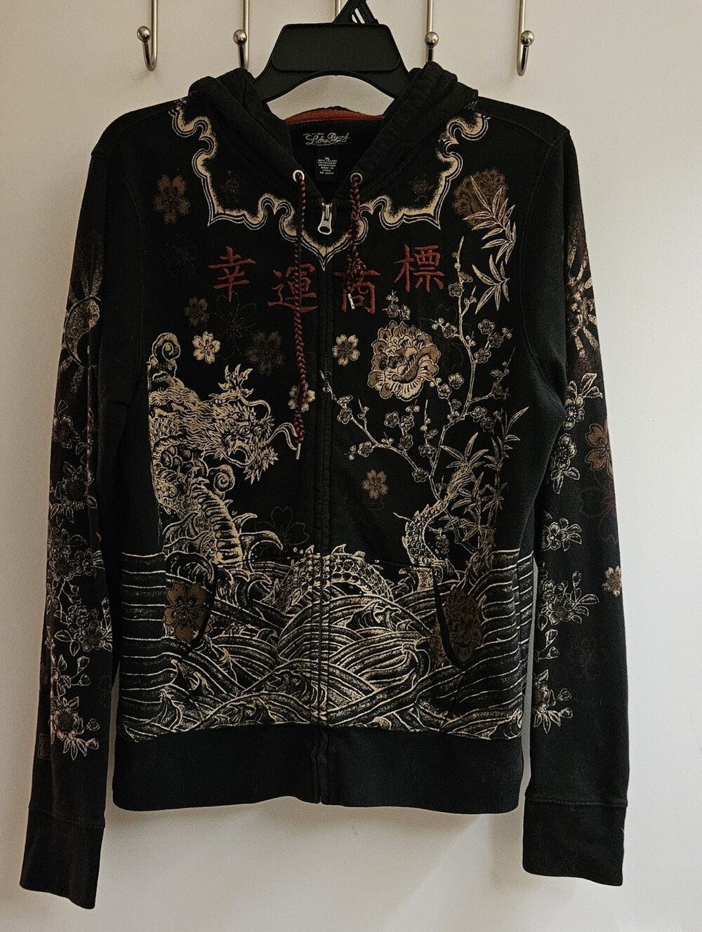 Vintage Y2K Lucky Brand Asian Dragon Floral Zip Hoodie Sweatshirt Womens XL Rare